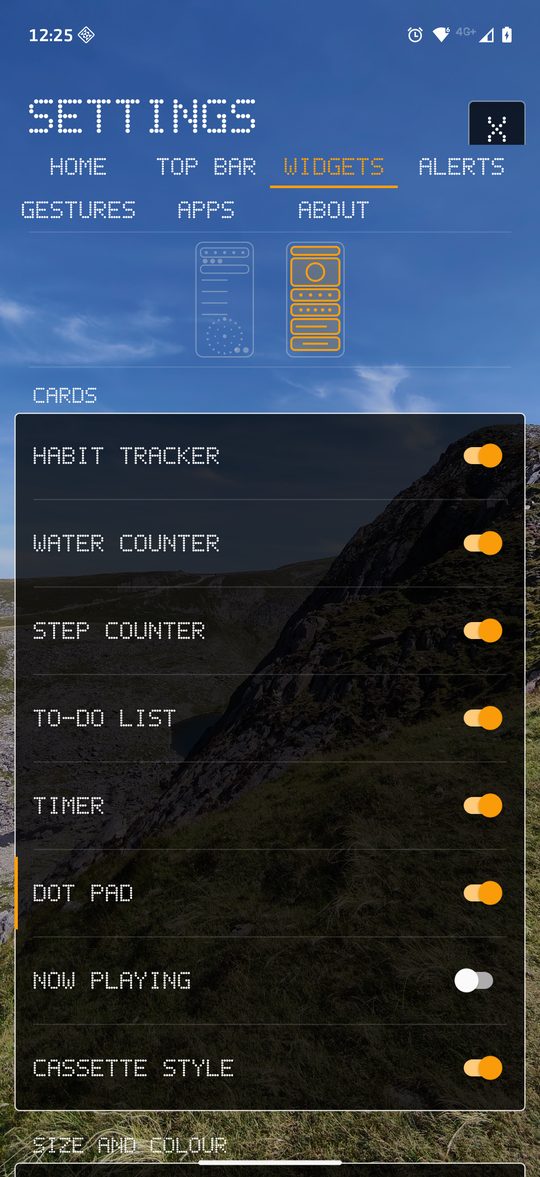 Settings screen on the Widgets tab with orange switches for each card